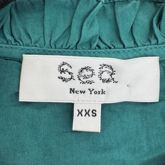 Sea New York Casey‎ Top Smocked Tie Front Puff Sleeves Ruffle Women's XXS Green - Picture 12 of 16